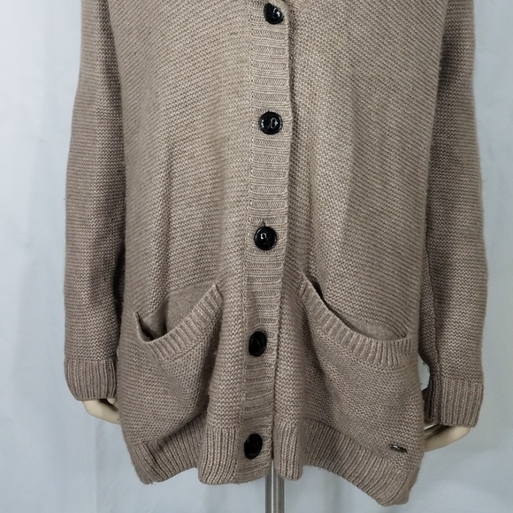 Lacoste beige tan wool blend button up tunic cardigan w/ pockets ladies size 38 - Picture 3 of 8